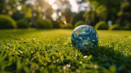 Wall Mural - Green Earth Day Concept with Globe on Grass Field