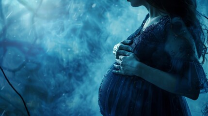 Wall Mural - close up side view of pregnant woman at night with her hand on chest, under a thin silk blanket, in a blue color scheme, mysterious, spiritual, dark, in a nature setting