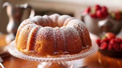 Classic bundt cake in vanilla or sour cream flavor, topped with a dusting of powdered sugar