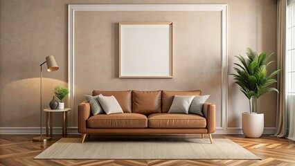 Sticker - Modern living room with beige walls, wooden floor, comfortable brown sofa and mock up poster frame