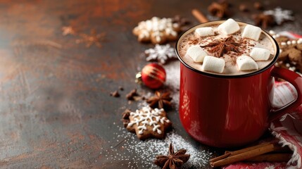 Poster - Festive drink with marshmallows in red cup on textured table Cozy holiday vibes with cocoa and cookies Warm chocolate with marshmallows and spices With space to write