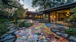 © Abdul - Suburban ranch with a colorful mosaic walkway leading to a hidden patio area