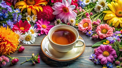 Canvas Print - A cozy cup of tea surrounded by vibrant flowers , Tea, cup, flowers, cozy, relaxation, beverage, drink, hot, herbal