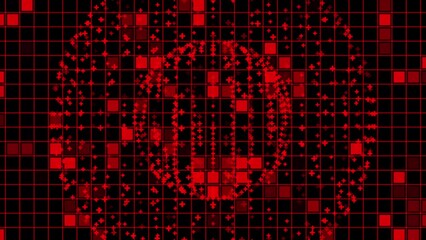 Poster - Fractal tech background with red shiny squares on black .streaming code matrix background.