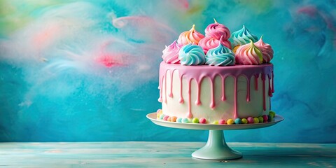 Poster - Cotton candy birthday cake with colorful drip icing , dessert, sweet, celebration, party, cake, cotton candy, pink, blue, icing