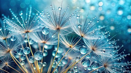 Wall Mural - Abstract dandelion flower seeds with water drops background , nature, plant, environment, freshness, growth, close-up, macro