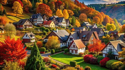 Canvas Print - Charming autumn village with colorful foliage and quaint houses, autumn, village, colorful, foliage, quaint, houses