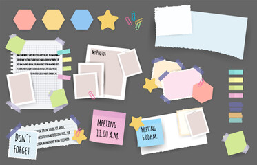 Paper notes stickers. Set of different vector note papers. Blank of multicolor stickers. Sticky sheets of various colors and size vector illustration