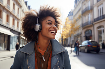 Wall Mural - A woman with curly hair and headphones smiles while enjoying music on a bright day in the city