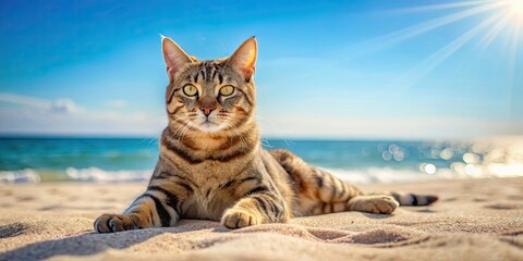 Sticker - A cute tabby cat enjoying the sunshine at the sandy beach, Cat, pet, feline, sunbathing, beach, relaxation, cute, tabby