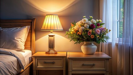 Poster - Cozy bedroom with a floral arrangement on the nightstand, illuminated by a lamp beside a window , cozy, bedroom, bed, window