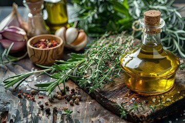 Poster - Fresh rosemary, thyme, and oregano sprigs with olive oil and spices on a rustic wooden table.