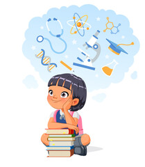 Wall Mural - Asian school girl aspiring to a career in science. Cartoon vector illustration.