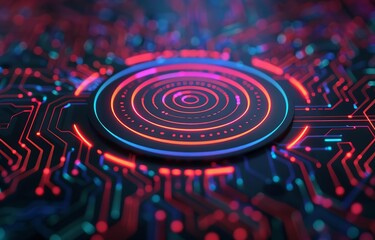Futuristic technology background featuring a glowing circular interface with intricate neon circuit lines, ideal for tech and digital themes.