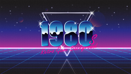 Aufkleber - 1980s retro game background. Synthwave wireframe landscape for game assets in vector illustrations.Retro Futurism Sci-Fi Background. glowing neon grid.and stars from vintage arcade comp