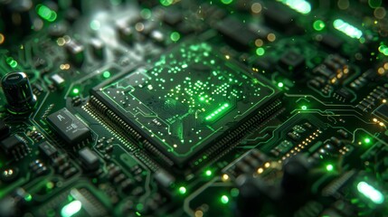 Poster - A futuristic illustration of a green computer chip with artistic embellishments, representing the intersection of hardware technology and creativity.