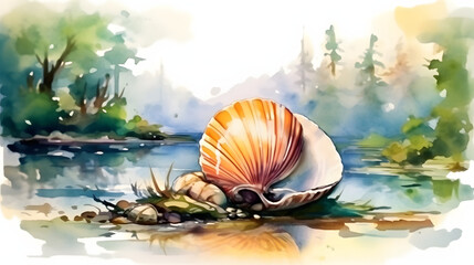 Wall Mural - Clam in a nature Watercolor Style