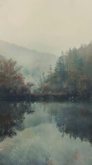 Poster - Foggy lake reflecting trees and hills