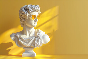 ancient greek god white sculpture wearing fashionable sunglasses in solid yellow background/banner/wallpaper