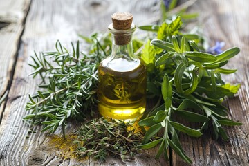 Wall Mural - A close-up of fresh rosemary, thyme, and oregano sprigs surrounding a bottle of olive oil on a rustic wooden surface.