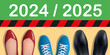 © pict rider - Concept de la rentrée des classes de 2025, avec pour symbole, les chaussures vues du dessus de deux parent et d’un élève devant la ligne de départ.