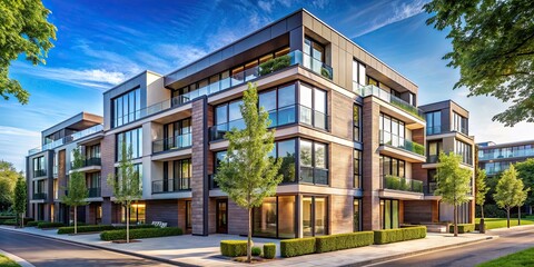 Sticker - Modern residential building with clean lines and large windows, located on a tree-lined street , residential, modern