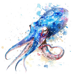 Wall Mural - Squid watercolor illustration isolated on transparent. Sea png file for art work.
