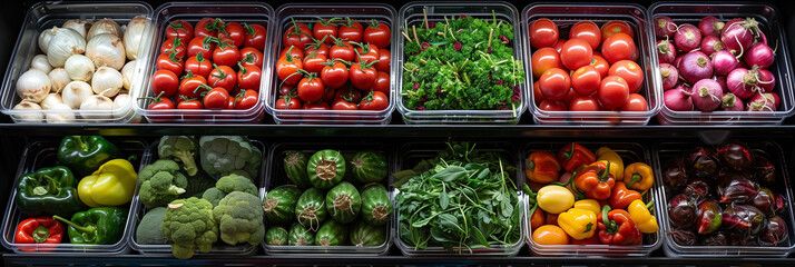 Poster - Fresh vegetables, herbs, and fruits arranged in a supermarket vegetable freezer