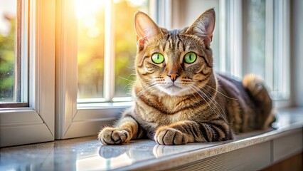 Canvas Print - Playful tabby cat with green eyes lying on a sunny windowsill , feline, domestic, pet, animal, whiskers, fur, cute, adorable