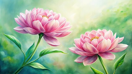 Poster - Painting of three pink flowers with green leaves, pink, flowers, green, leaves, botanical, artwork, nature, vibrant, colorful