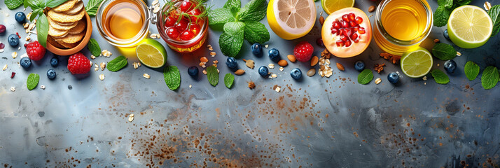 Wall Mural - Concept of healthy food and drinking regimen, top view with copy space