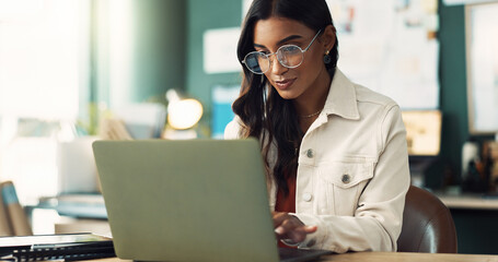 Aufkleber - Research, work and woman with laptop in office for project idea, brainstorming and information. Creative, person and web design with tech in planning for digital portfolio, development and ux review