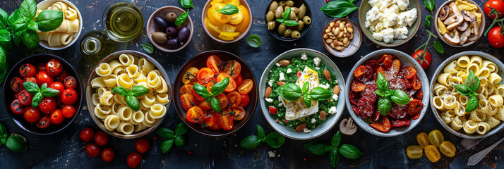 Wall Mural - Mini sandwiches with Italian toppings, orecchiette salad, beet salad, pasta arrabbiata