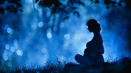 Wall Mural - ilhouette of pregnant woman at night with her hand on chest, meditating, under a thin silk blanket, in a blue color scheme, mysterious, spiritual, dark, in a relaxing meditative space 