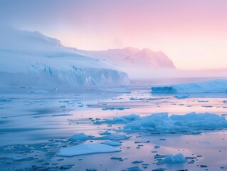 Wall Mural - ethereal glacial landscape at dawn misty vapors rising from ice surface soft pastel hues of early sunlight pristine wilderness sense of timelessness tranquil meditative atmosphere