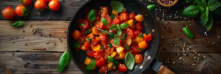 Wall Mural - Frying pan with vegetables cooking inside