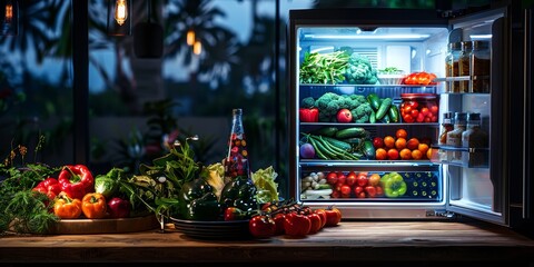 Wall Mural - A beautifully organized refrigerator in a modern kitchen, filled with a variety of fresh vegetables and herbs, and accompanied by bowls of colorful, vibrant produce on a wooden countertop