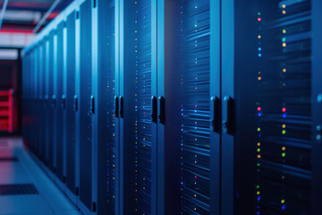 Poster - Data center server room with glowing indicator lights, showcasing modern technology infrastructure, powerful servers, and network equipment.