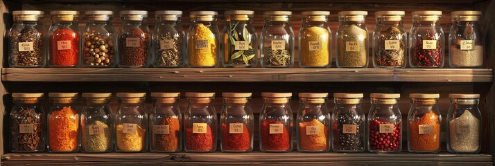 Aufkleber - Glass jars filled with spices like paprika, turmeric, cumin, and oregano neatly sit on a wooden shelf with labeled jars.