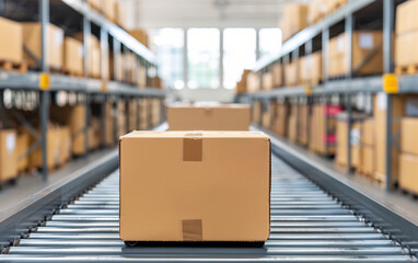 Poster - Cardboard boxes on a conveyor belt in a warehouse, representing logistics, shipping, and storage solutions in a modern distribution center.