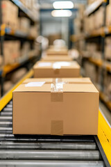 Poster - Close-up of cardboard boxes on a conveyor belt in a warehouse. Concept of packaging, shipping, logistics, and supply chain management.