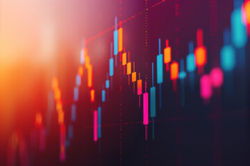 Poster - Vibrant stock market chart with colorful candlestick patterns on a bright screen, representing financial data analysis and market trends.
