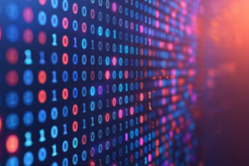 Aufkleber - Abstract digital binary code background with colorful lights displaying ones and zeroes, representing technology and data in modern computing.