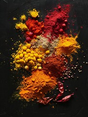 Wall Mural - An assortment of spices, including saffron, curry powder, and annatto, arranged on a black background.