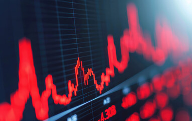 Poster - Close-up of a stock market chart displayed on a screen, showcasing fluctuating graphs and data in red, indicating market trends and financial analysis.