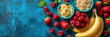 © thecreativesupplies - Fresh fruits, wheats, and porridge from top view on blue background