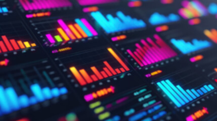 Poster - Colorful data visualization charts show graphs and analytics on a digital screen, representing business statistics and financial analysis insights.
