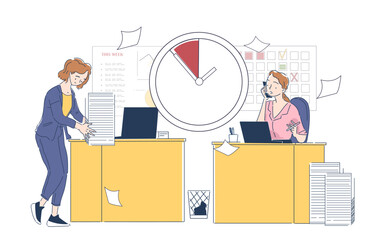 Poster - Overload at workplace. Women in office with lot of paperwork. Organization of inefficient work process and poor time management. Mental stress and emotional burnout. Linear vector illustration