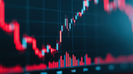 Poster - A close-up of a digital stock market chart showing bar graphs and line graphs in red, representing economic data and financial analysis.