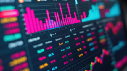 Poster - Close up of colorful financial charts and graphs on a digital screen, analyzing stock market trends and data for business and investment insights.